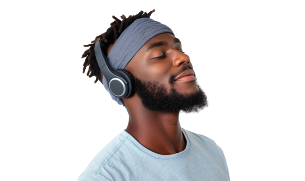 Joyful African-American man listening to music on headphones, eyes closed