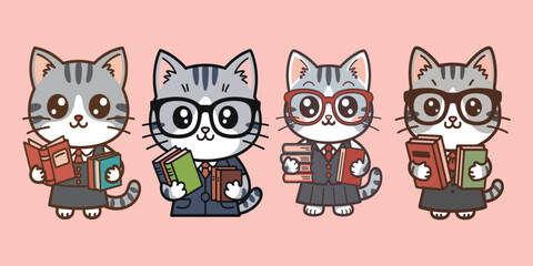 Cute Cartoon Cats in Business Attire Studying and Reading Books Illustration