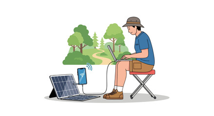Remote worker utilizing solar power to charge electronics in a natural setting, ideal for illustrating sustainable technology and outdoor digital nomad lifestyle.