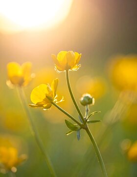 Backlit yellow wildflowers in a field at sunset