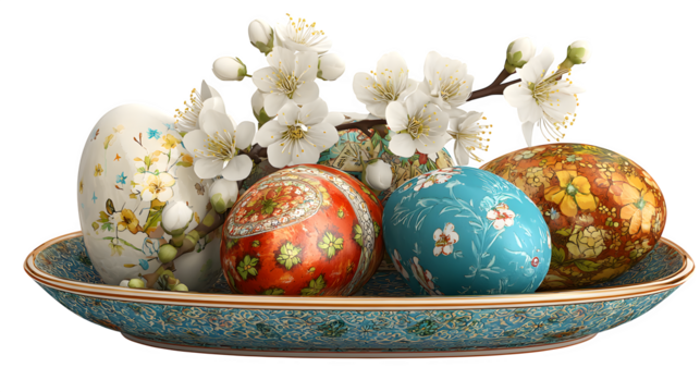 Decorated Easter Eggs with Blossoming Branches, isolated on transparent background