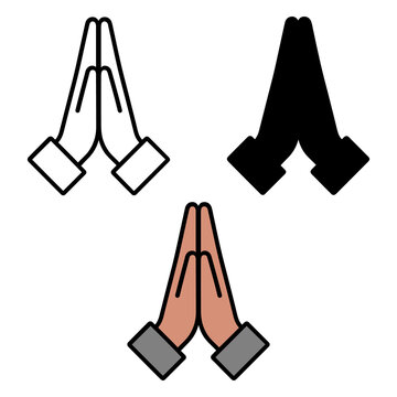 Prayer and Respect Hands Icon Set 3 Stylized Vector Designs in Outline, Silhouette, and Colored illustration Versions for Spiritual, Cultural, and Communication Themes. Namaste, Thank You Emoji. 