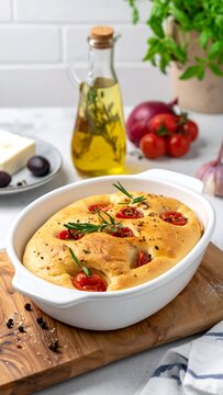Baked bread with cherry tomatoes and rosemary in a white dish