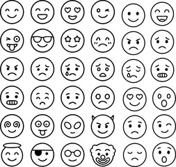 Emoji Vector Art Grid &ndash; 36 Black and White Facial Expressions for UI, Emotion, and Communication Design