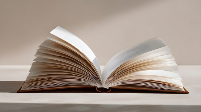 Open book with fluttering pages on a textured surface symbolizing knowledge and learning journey with gentle lighting