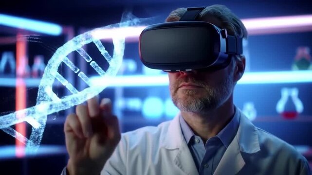 Scientist examines holographic DNA structure in laboratory using virtual reality headset, showcasing advanced research and futuristic technology. - Powered by Adobe