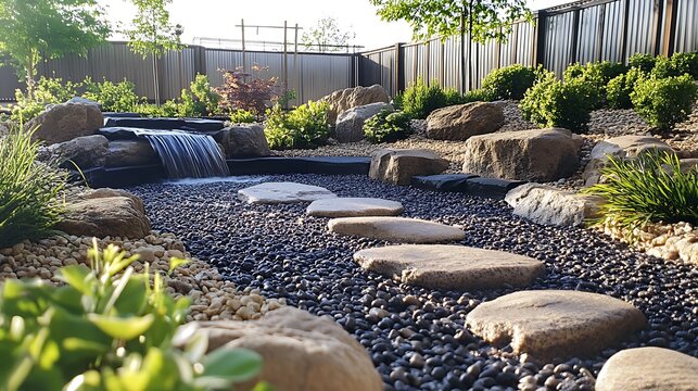 Japanese garden with waterfall stepping stones and tranquil ambiance for relaxation meditation peaceful nature landscape design inspiration concept