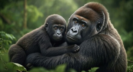 Close-up of a gorilla mother and baby in a jungle