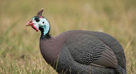 Close-up of a guineafowl in a field (1)