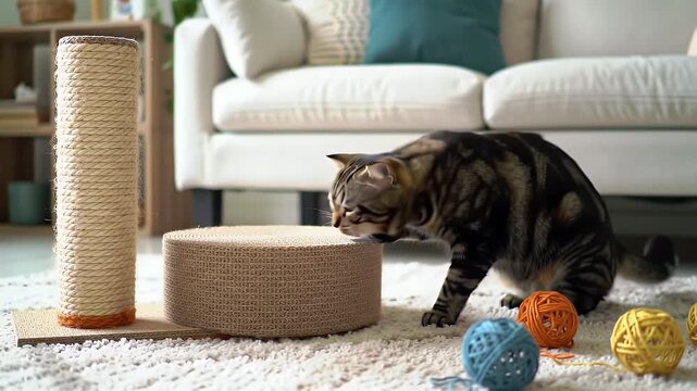 Active Brown and Black Tabby Cat Playing with Scratching Post in Cozy Living Room A Playful Domestic Feline Enjoying Time with Toys and Furniture Close to its Activity