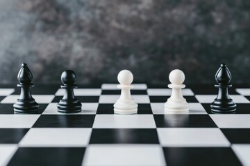 Chess pawns and bishops representing strategy, challenge, and intelligent game play on a checkered board background