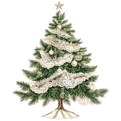 Fototapeta premium A decorated vintage Christmas tree stands with star topper on transparent background