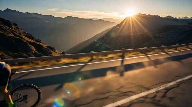Cyclist Riding Fast Down Mountain Road During Sunset in Scenic Landscape