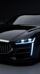 Fototapeta premium Futuristic luxury car front view, illuminated headlights glowing in the dark, glossy black paint reflecting minimal light, sleek aerodynamic design, luxury car. High quality