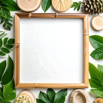Bamboo frame surrounded by greenery and wood slices on white