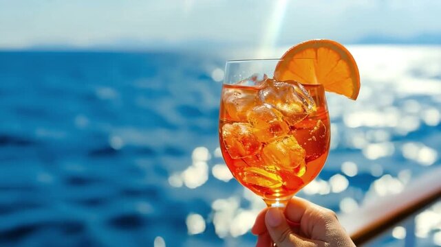 Female hand holds glass with alcoholic cocktail with drink Aperol Spritz on background of blue sea. Travel on ship, cruise. 