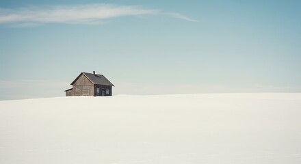 Solitary wooden cabin nestled in a vast, snow-covered landscape under a pale blue sky.