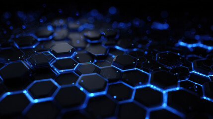3D render of abstract black background with blue glowing hexagons&mdash;futuristic tech aesthetic, ideal for digital designs, web projects, tech-themed visuals, graphic assets.