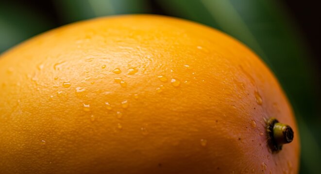 Fresh mango with water droplets in close up shot against a dark background