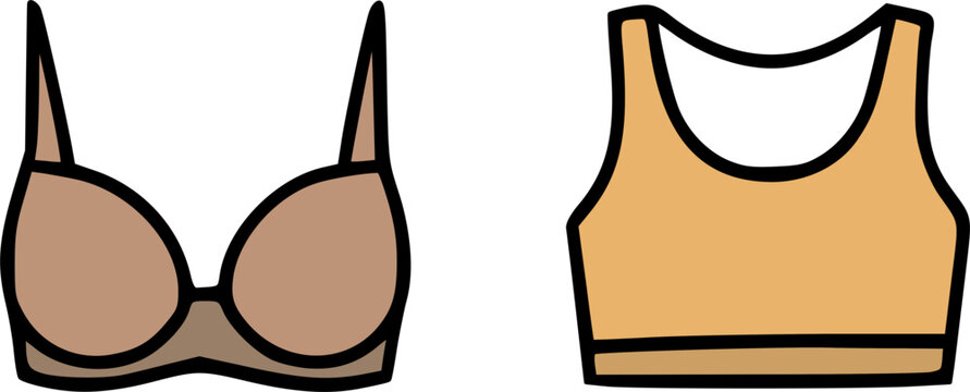 A simple illustration showing two types of bras: a padded bra and a sports bra, side by side.