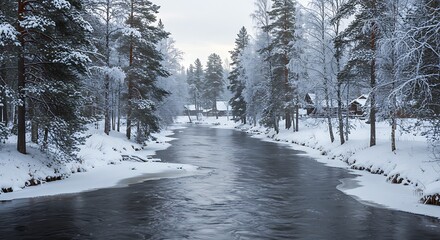 Snowy river landscape with trees and overcast sky in winter