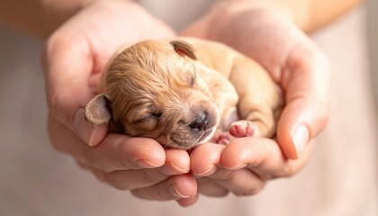 A tiny newborn puppy rests peacefully cradled gently in cupped hands, showcasing the tender care and protection provided.