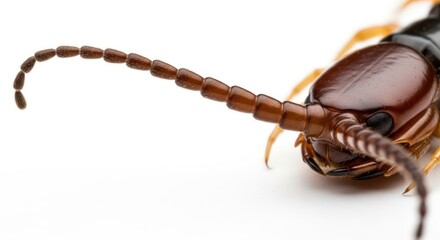 Detailed close-up of a centipede's head and antenna showcasing its segmented structure