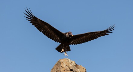 Soaring bird with wings extended against clear blue sky background