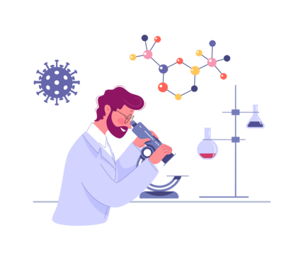Scientist Observing Microscopic Sample with Molecule and Virus Illustration in Laboratory