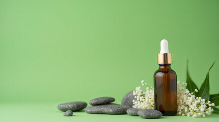 Naklejka premium Natural Skincare Bottle with Stones and Flowers on Green Background
