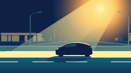 Night road with car, and city lights.