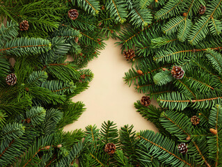 Negative space Christmas tree concept. Creative winter layout made with evergreen tree branches. Flat lay