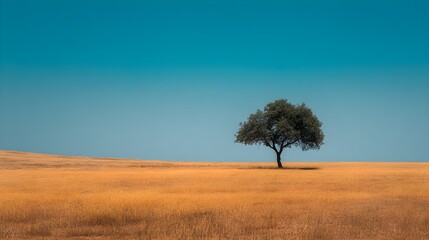 Obraz premium Solitary olive tree stands tall in vast golden field under expansive turquoise sky serene landscape nature outdoors