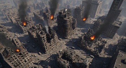 Devastated urban landscape with ruined buildings smoke and fire showcasing destruction depicting