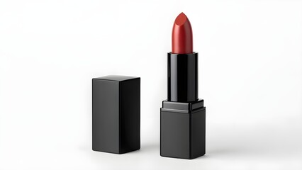 Velvet Matte Lipstick Mockup With Glossy Black Square Casing And Sleek Unbranded Lid, Featuring A Perfectly Angled Lipstick Bullet For Modern Luxury Cosmetic Presentation