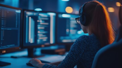 Female programmer wearing headphones and glasses, looking at computer screens, working in a dark office at night