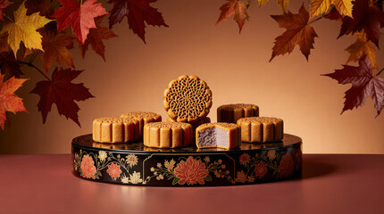 Traditional mooncakes on lacquered tray, floral patterns and gold accents, with autumn foliage backdrop