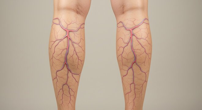 Human legs with vascular system depicted against a neutral background for medical illustration