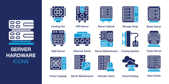 Server Hardwere icon set. Containing network, information, rack, data, storage and more. Solid vector icons collection. Vector illustration.