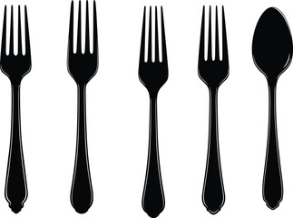 Fork and spoon silhouettes, kitchen utensil vector, black cutlery icons, dining tools set, food serving equipment, tableware design elements