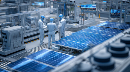 Three technicians in clean suits inspect solar panels on an automated production line inside a modern manufacturing plant