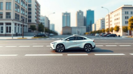 White EV driving city street.