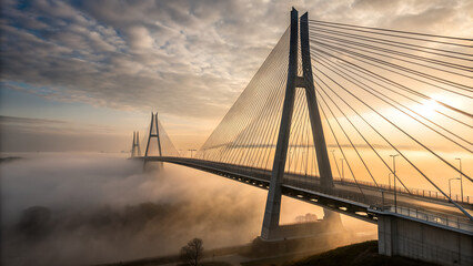 Modern suspension bridge rising above fog at sunrise with cables illuminated by golden light symbolizing engineering achievement, transport infrastructure and architectural landmark design