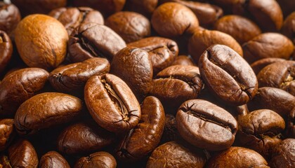 Naklejka premium shot showcases a pile of roasted coffee beans, presenting varied shapes and textures.