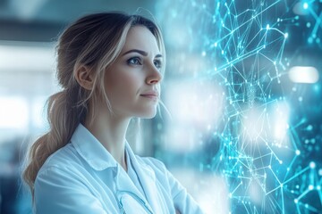 A focused scientist studies complex data visualizations displayed on a digital interface in the lab