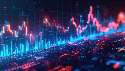 Dynamic Data Chart with Red and Blue Lines on Dark Background in Cinematic Style with Graph Grid