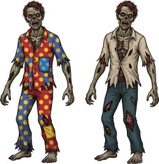 Zombie clown character, scary undead artwork, creepy cartoon zombie, spooky Halloween design, horror monster illustration, scary costume art, haunted night theme, terrifying drawing