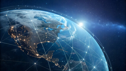 Digital earth globe with glowing network connections across continents in deep space background symbolizing global communication perfect for technology visuals, business concepts and futuristic themes