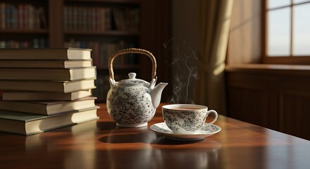 A traditional Chinese tea set with a cup of steaming earl grey tea, placed on a polished mahogany desk in a grand, sunlit library. Stacks of old books