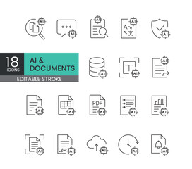 A set of vector icons representing artificial intelligence integration in document management and automation, created in line style with editable stroke